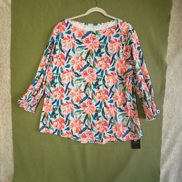 IECCP Tops - IECCP Women Floral Print Boat Neck Blouse Smocked Ruffle Cuff Top XXL NWT